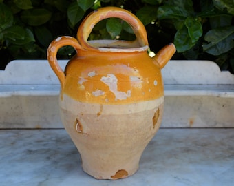 French Antique Terracotta Jug - Semi Glazed Stoneware Yellow Part Glazed Water, Wine Pitcher - Earthenware Jar with Handles - Rustic Decor