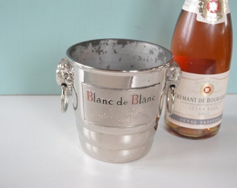 French Vintage Metal Ice Cube Bucket - Small Champagne Bucket with Ram Handles - Mid Century Barware - Blanc de Blanc Bucket from Alger