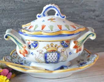 French Vintage Mustard Pot - Salt Cellar - Desvres 'Prefailles' Ironstone Miniature Tureen and Lid - Hand Made Condiment Dish - Britany Arms