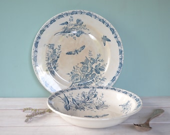 Französische Vintage Ironstone Servierschale oder Servierplatte - FF Pexonne 'Papillon' Motiv - Blaue und weiße Keramik große Salatschüssel / Servierschale