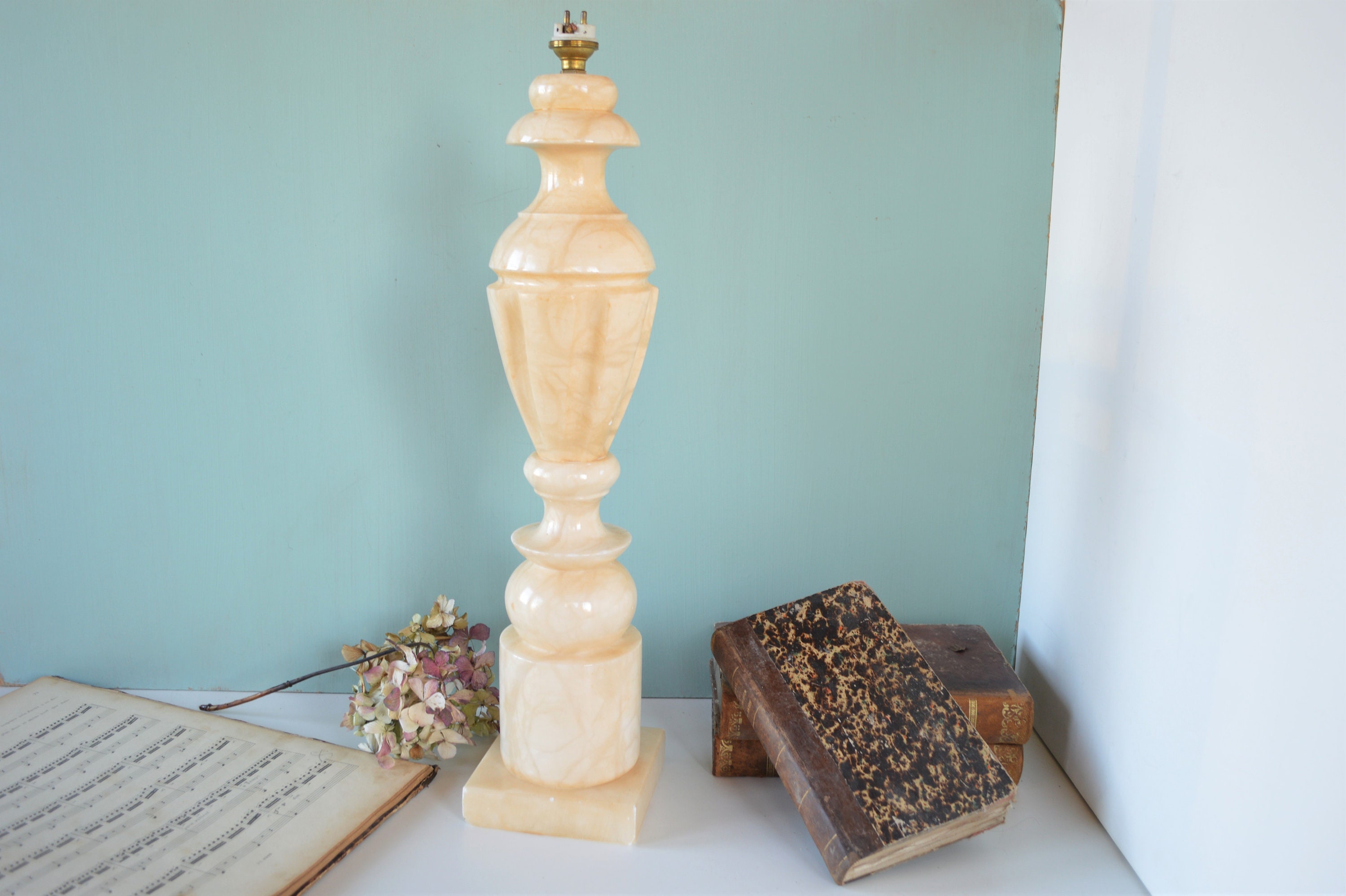 Grande Lampe de Table Vintage Beige Onyx - Éclairage Colonne en Marbre Lampe Bureau Français Antique