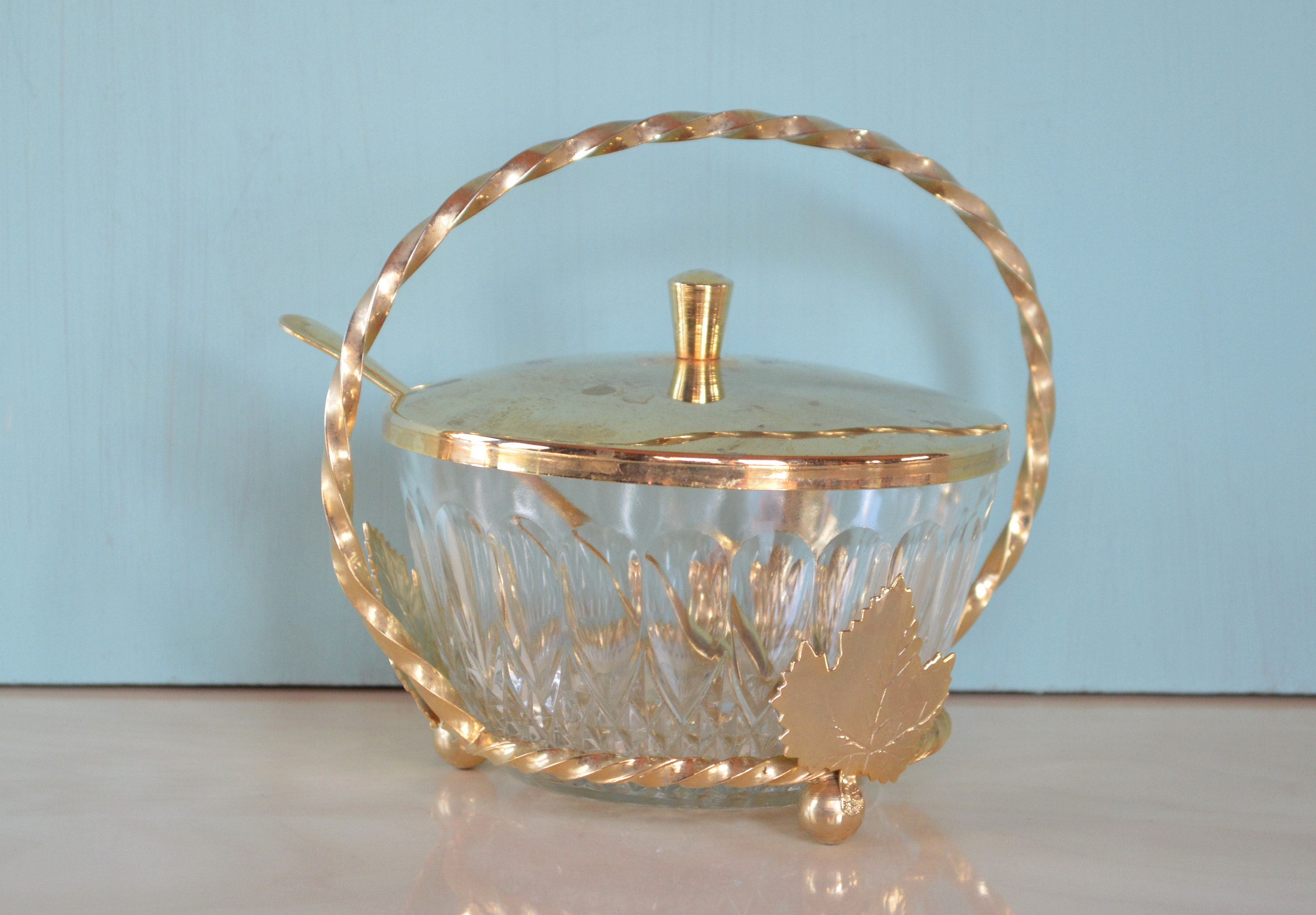 Mid Century Vintage Jam Dish - Hollywood Regency Style Glass & Gold Metal Pot Plat de Service avec C