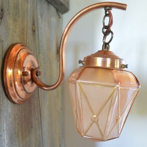 French Vintage Copper Lantern with Pink Glass - Art Deco Hanging Light - Small Wall Mounted Lantern - Copper and Gold Sconce