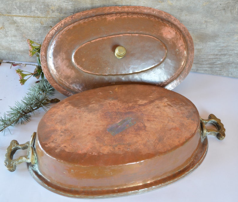 Vintage Copper Dish With Lid 34cm Oval Tinned Copper Gratin Etsy