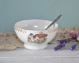 Vintage French Breakfast Bowl  - Porcelain Cafe au Lait Bowl - White Porcelain Bowl with Childhood Transferware Motif, Gold Trim