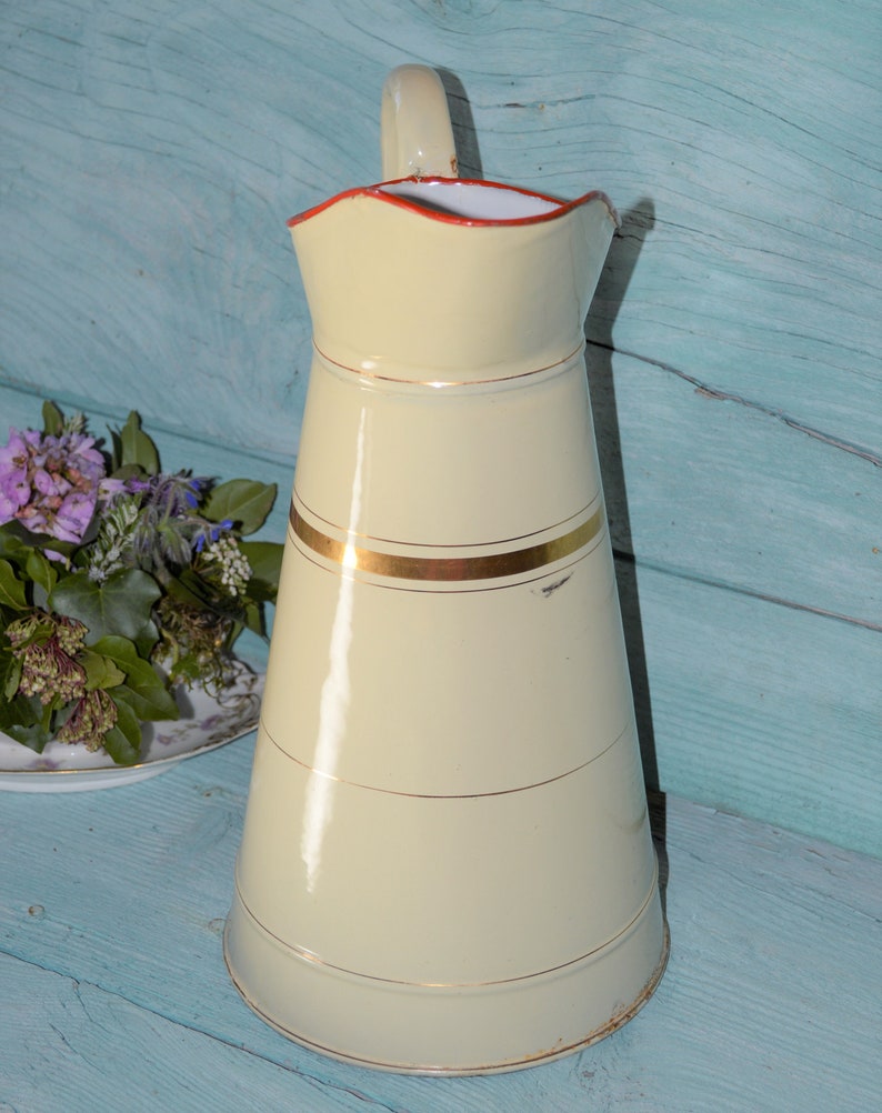 Vintage French Enamel Water Pitcher / Cream and Gold Jug Etsy