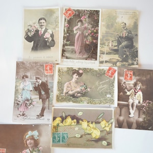 8 Vintage französische 1910er und 1920er Jahre Schatz und Ostern Postkarten - Osterwünsche, romantische farbige Fotos Postkarten - Handgeschriebene Karten