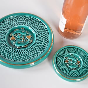 Art Deco Ceramic Trivet Set - French Vintage Round Pot Stand and Wine Bottle Coaster - Emerald Green and Gold Table Mat - Dolphin Motif -
