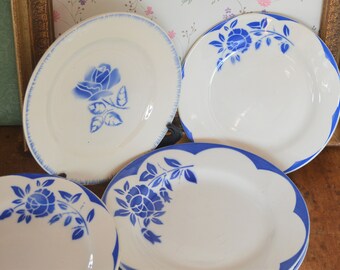 Vintage French Dinner or Dessert Plates - Digoin Sarreguemines Terre de Fer Plates - Blue and White 'Corsica' or 'Rolande' Transferware