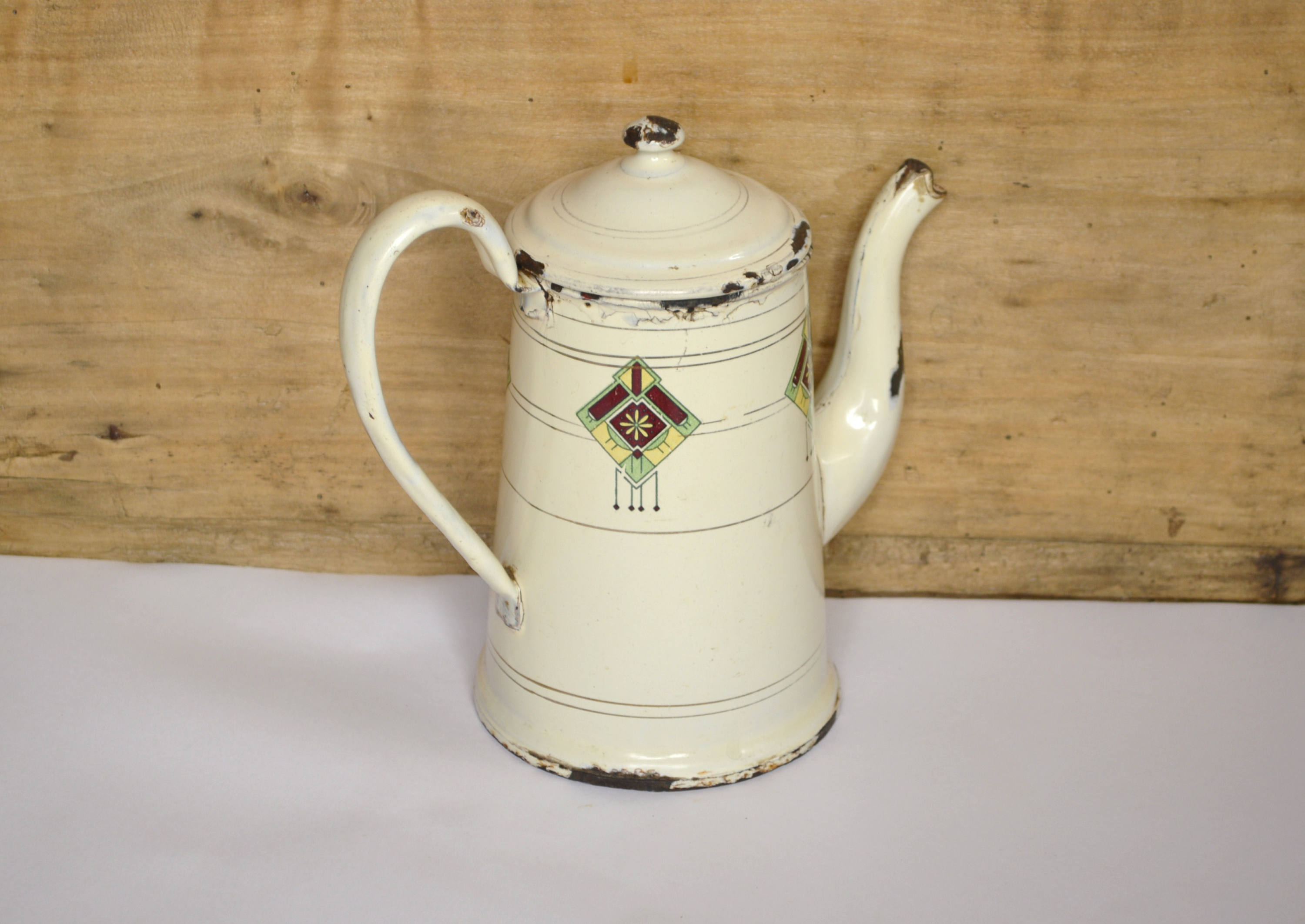 Vintage Français Cafetière en Émail - Petit Café Crème Art Déco Biggin Cafetière Shabby Chic Country