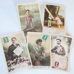 5 vintage Franse ansichtkaarten uit de jaren 1910 - vriendschap en liefje gekleurde foto's ansichtkaarten - 1 april handgeschreven kaarten