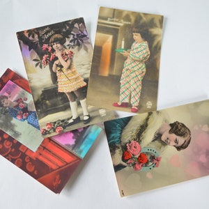 4 Vintage französische 1930er Neujahr Postkarten - Neujahrswünsche Farbige Fotos Postkarten - Handgeschriebene Karten