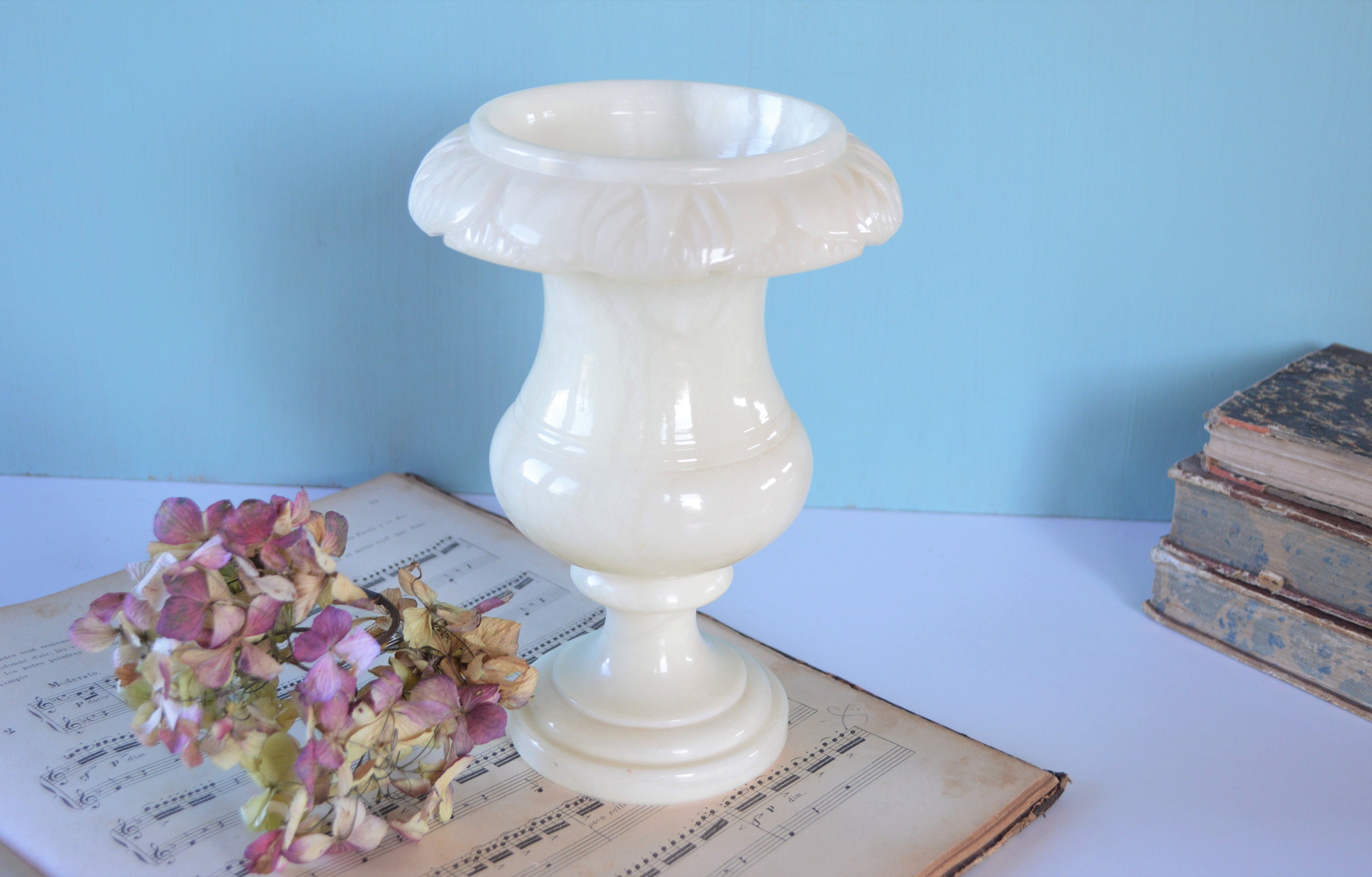 Vase Onyx Vintage - Vase en Marbre Crème Sculpté Urne Albâtre Décor Moderne Du Milieu Siècle