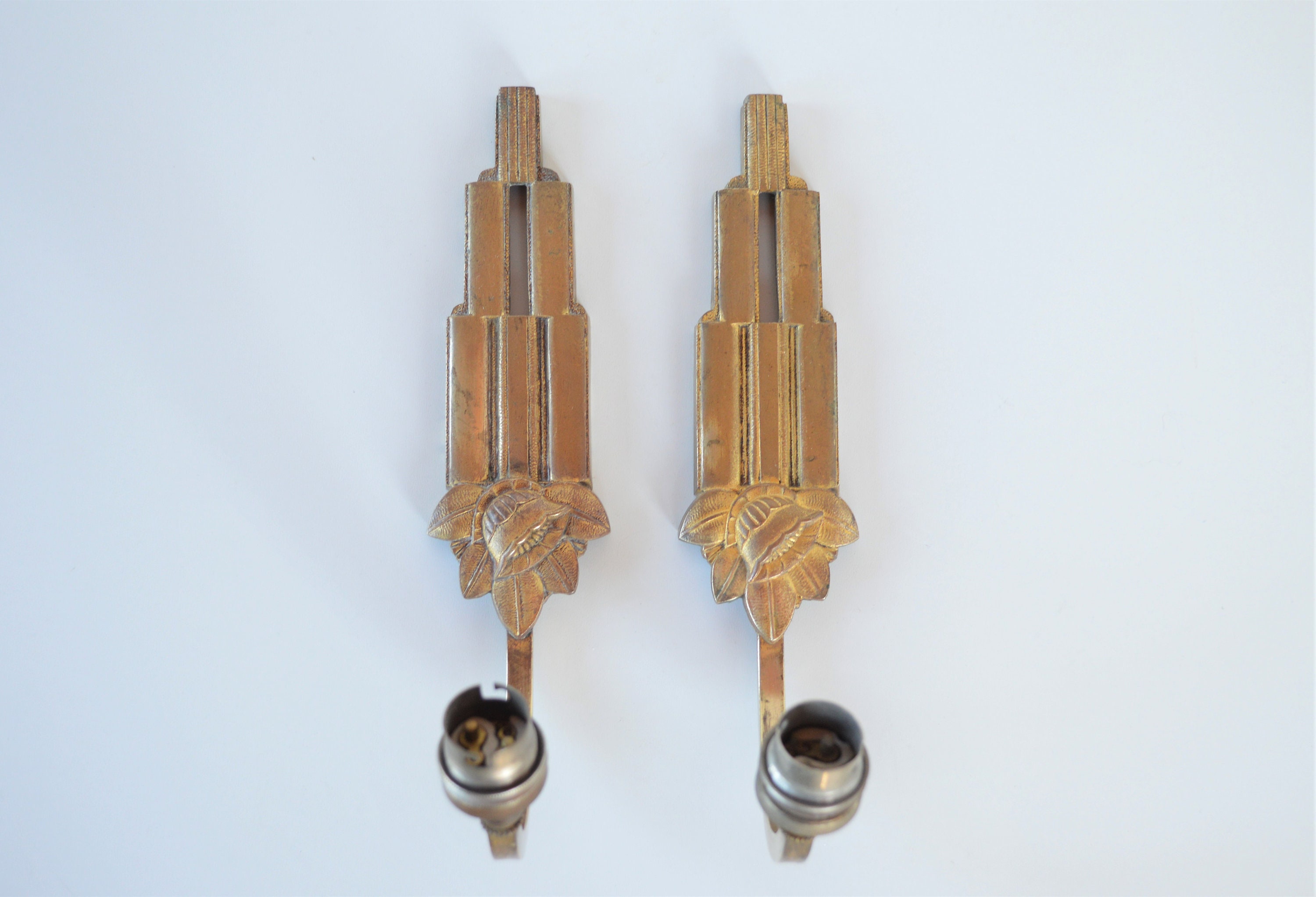 Paire d'appliques Murales en Bronze Art Déco - Rare Français Éclairage Mural Vintage Appliques Antiq