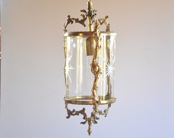 Lanterne d'entrée vintage en laiton et verre - Éclairage de plafond de couloir - Lustre suspendu à 2 lumières d'entrée élégante - Verre cylindrique