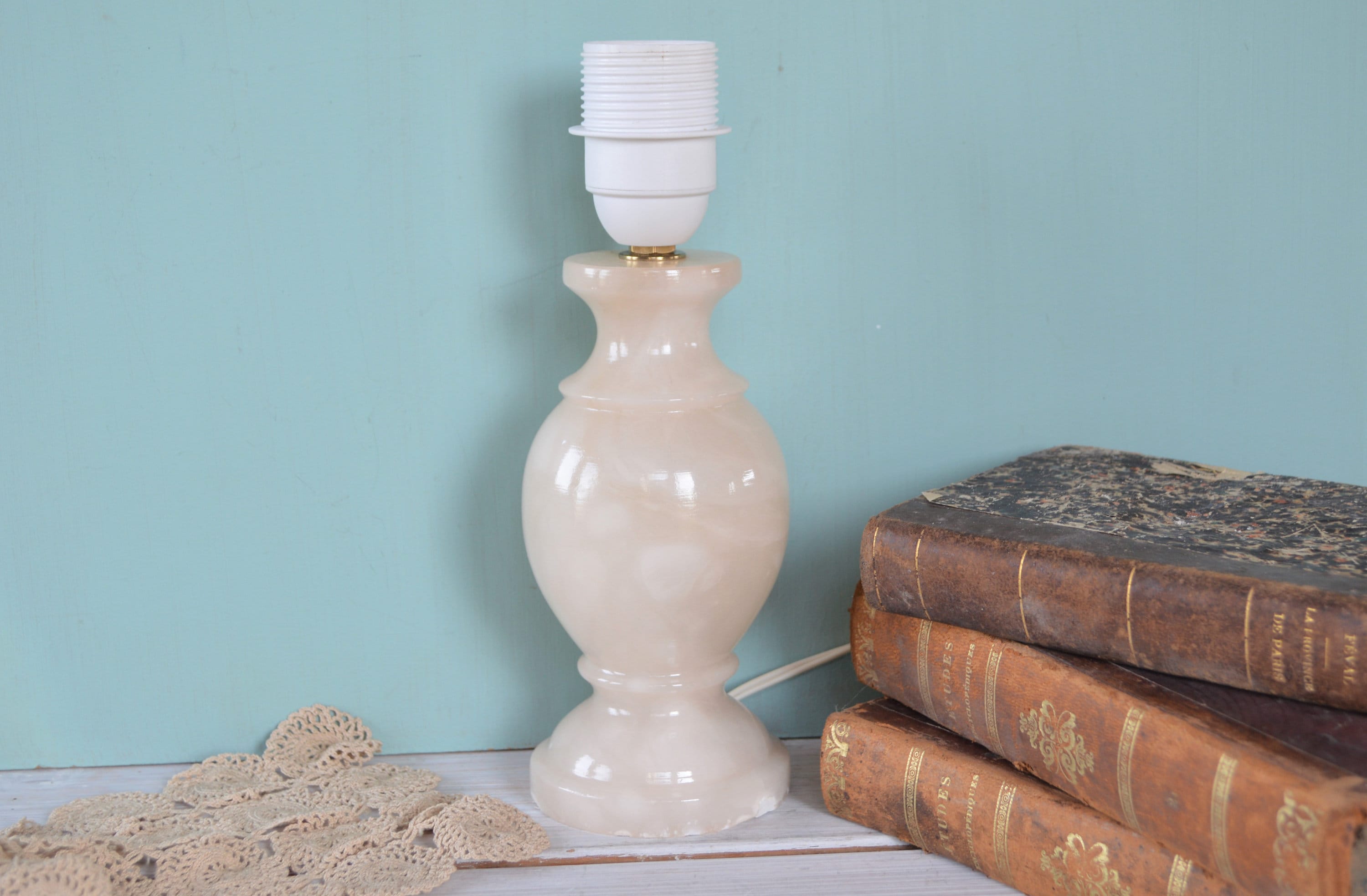 Vintage Cream Onyx Lampe de Table - Petite Chevet Bureau en Marbre Français Antique Éclairage Vintag