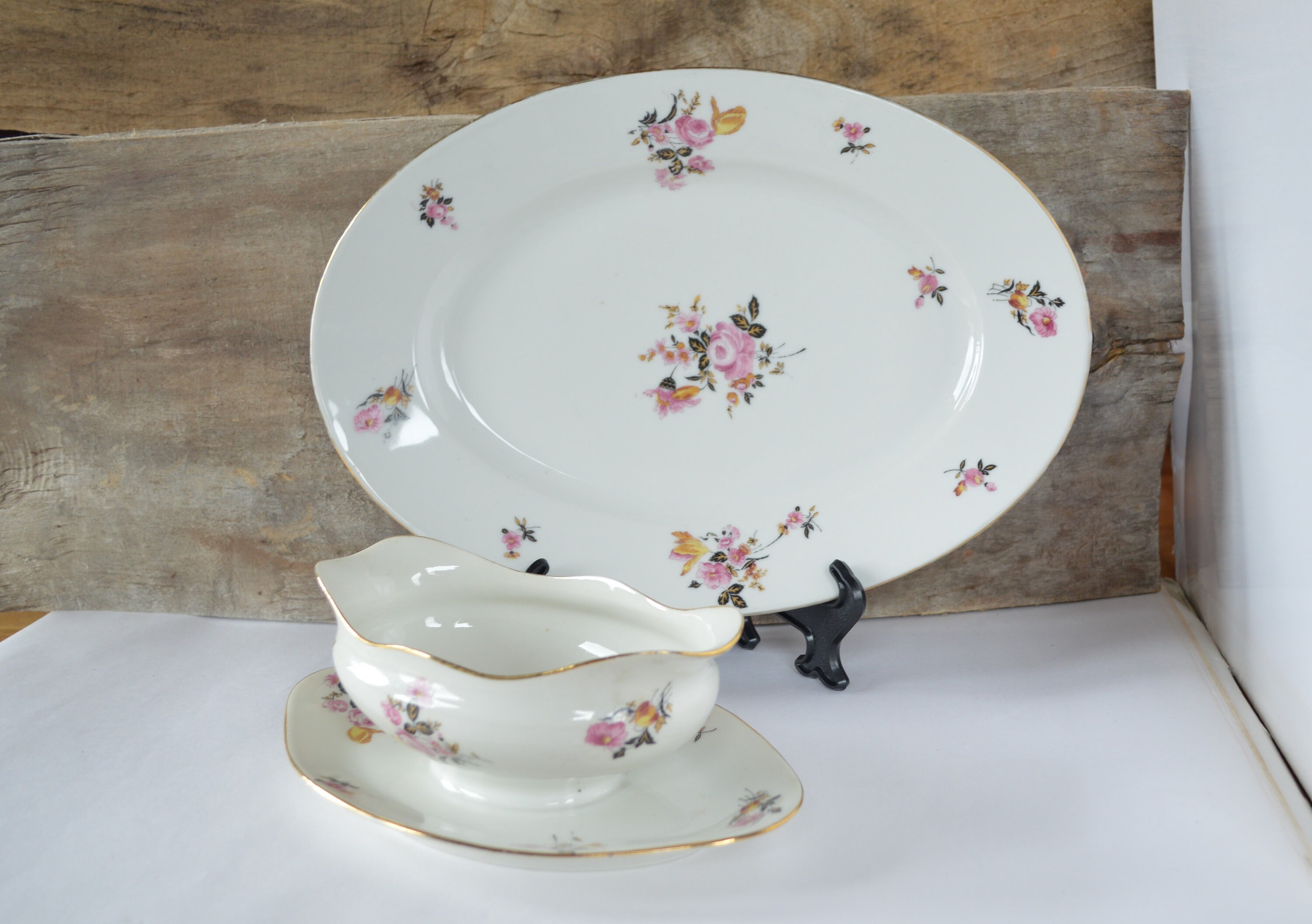 Vintage Limoges Porcelain Platter & Gravy Boat - Français Transferware Charger Sauce Dish Durand Cie