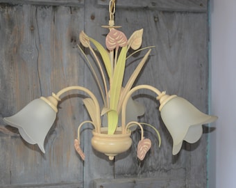 French Vintage Toleware 3 Branch Chandelier with Glass Paste Tulip Shades - Tole Flowers Light Pendant - Enamelled Ceiling Light