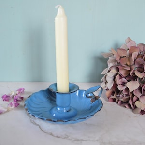 French Vintage Enamel Finger Candlestick - Blue Enameled Candle Holder with Scalloped Edges - Chippy Enamelware, Chamber Finger Candle Stick