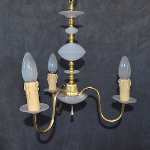 Mid Century Chandelier - Vintage Acrylic Faux Glass 3 Branches Ceiling Light - French &#39;70s Lucite and Brass Lighting