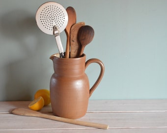 French Vintage Glazed Stoneware Water Jug - Brown Glazed Terracotta Wine Pitcher - Earthenware Confit Jar - Rustic Decor - Farmhouse Kitchen