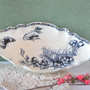 Antique French Ironstone Oval Side Dish - 19th Century Small Serving Dish from E. Bourgeois Paris - Vintage Ravier - Blue Transferware