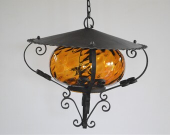 French Vintage Black Wrought Iron Lantern - Porch, Hallway Hanging Light with Amber Glass Globe - Outside Lighting - Exterior Decor