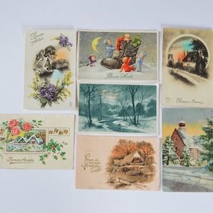 7 Vintage Französische 1930er Neujahrspostkarten - Weihnachtsgrüße Farbige Postkarten - Handgeschriebene Karten