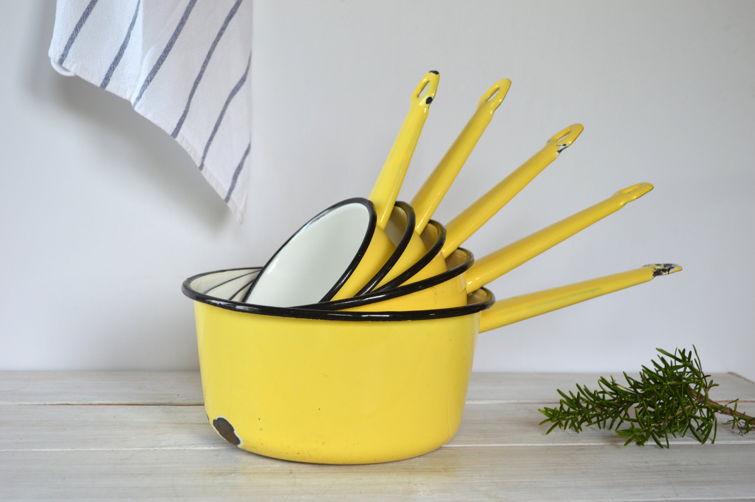 Vintage Set of 5 Enamel Pans French Vintage Yellow Enamelled 