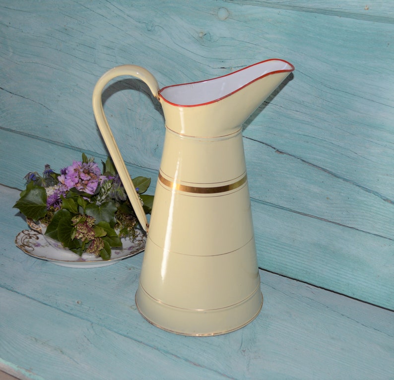 Vintage French Enamel Water Pitcher / Cream and Gold Jug Etsy