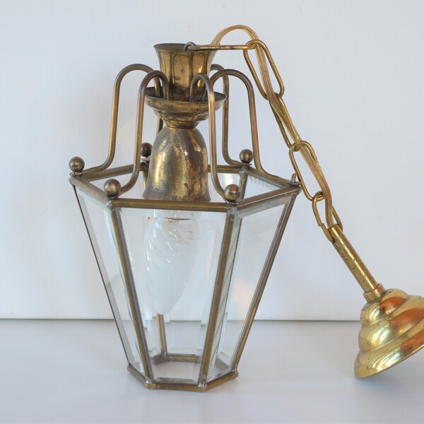 RESERVED - Brass and Glass Vintage Hall Lantern - Beveled Glass Hallway Ceiling Lighting - French Elegant Entrance Pendant Chandelier