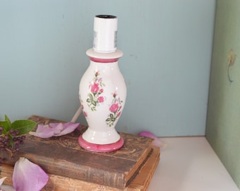 French Porcelain Table Lamp - Small Vintage Bedside White with Pink Roses Lamp - Romantic Motif Desk Lamp - Vintage French Lighting