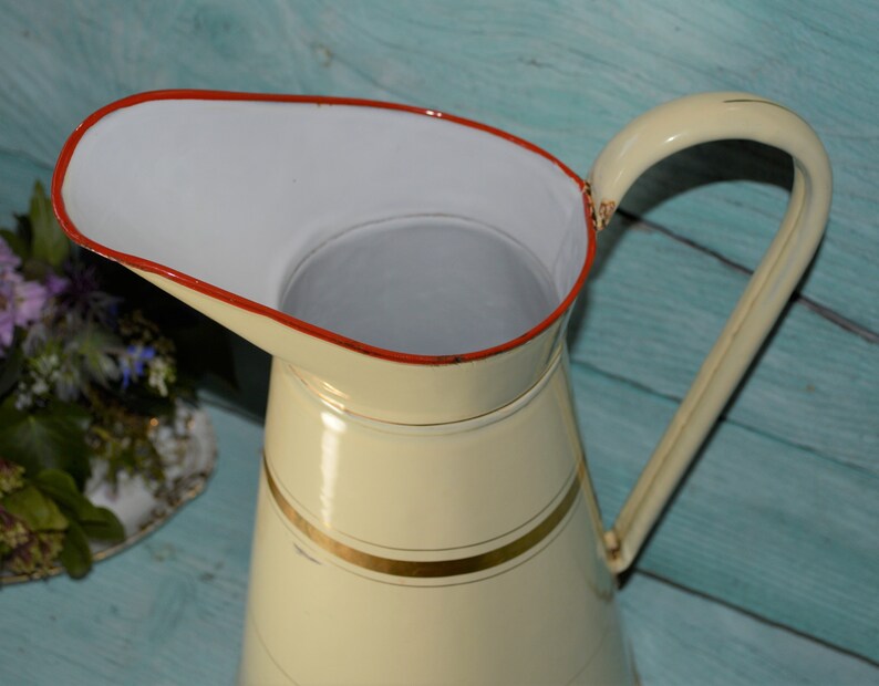 Vintage French Enamel Water Pitcher / Cream and Gold Jug Etsy