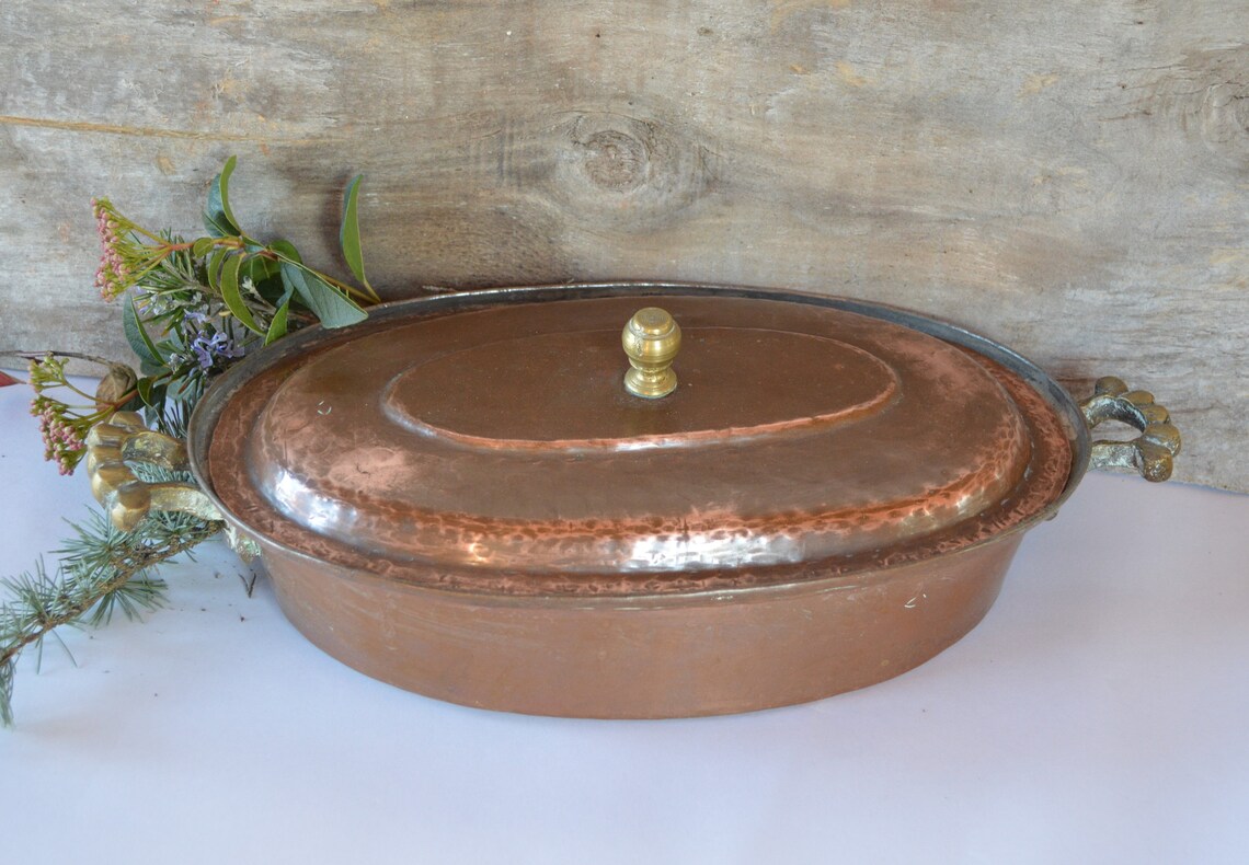 Vintage Copper Dish With Lid 34cm Oval Tinned Copper Gratin Etsy