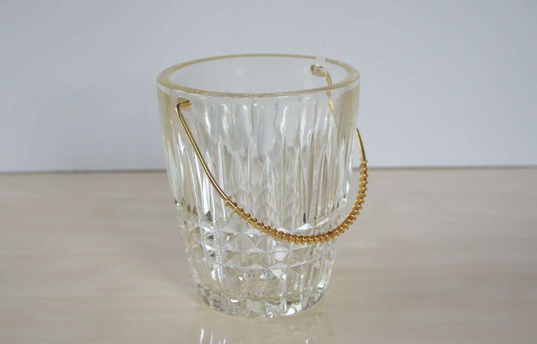 French Vintage Glass Ice Cube Bucket Gold and Glass Ice Bucket Mid