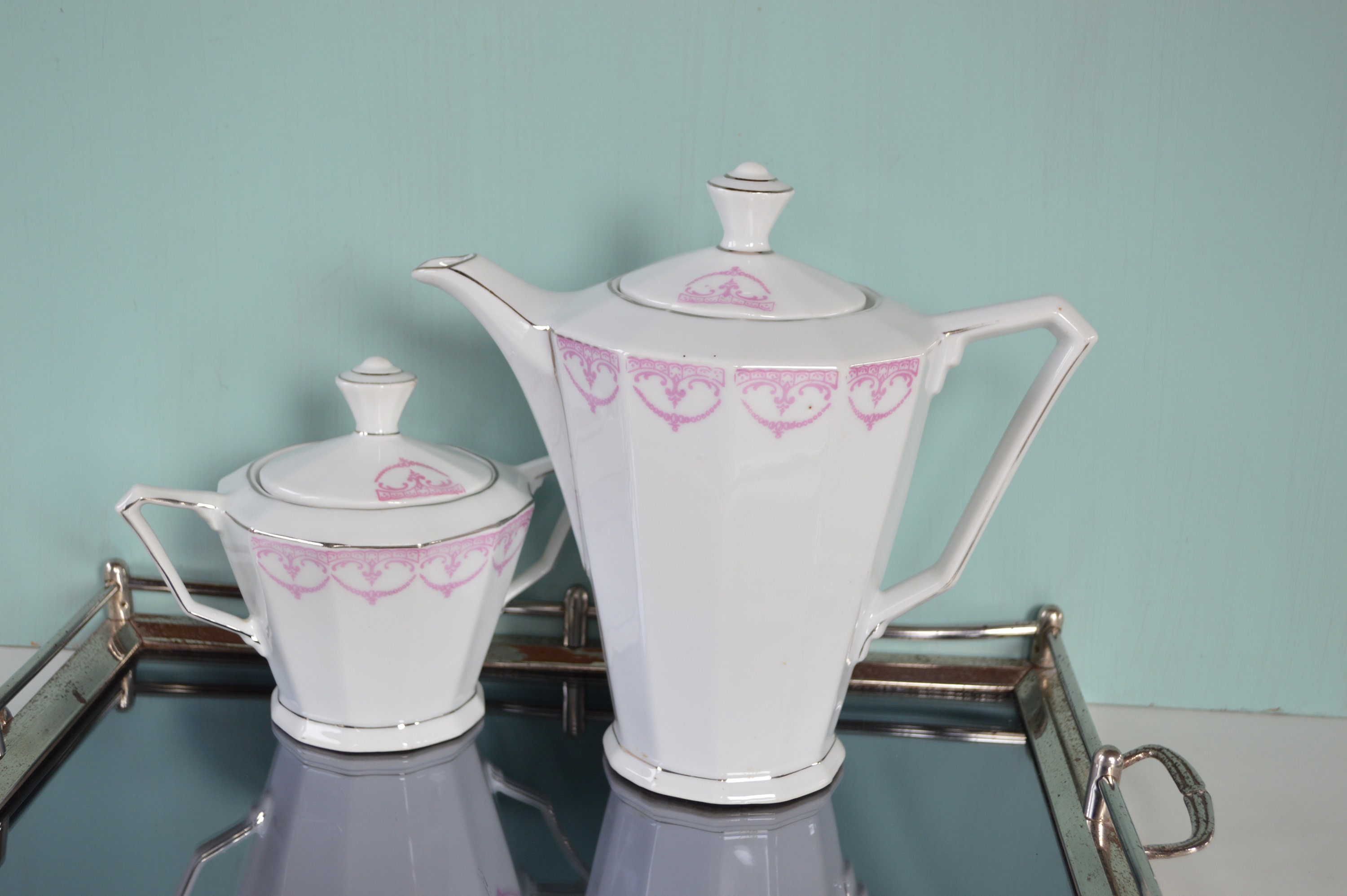 Cafetière en Porcelaine Vintage et Sucrier avec Couvercle - Porcelaine Allemande Blanche Rose Ensemb