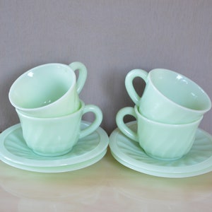 One Vintage Jadeite Coffee Cup and Saucer - French Art Deco Jadite Expresso Cup - Opaline Green Glass Cup