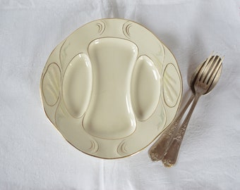 Vintage French Asparagus Plate - Art Nouveau Compartment Plate - Porcelaine Opaque Dinner Plate - Cream and Gold Terre de Fer