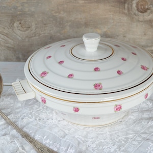 Art Deco French Soup or Vegetable Tureen, Vintage Ironstone Transferware. Serving Dish by St Amand , Roses Motif.  Chateau Chic