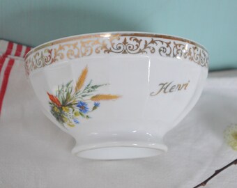 Vintage French Breakfast Bowl Henri - Limoges Porcelain Sofafils Cafe au Lait Bowl with the name Henri - Wild Flowers Transferware and Gold