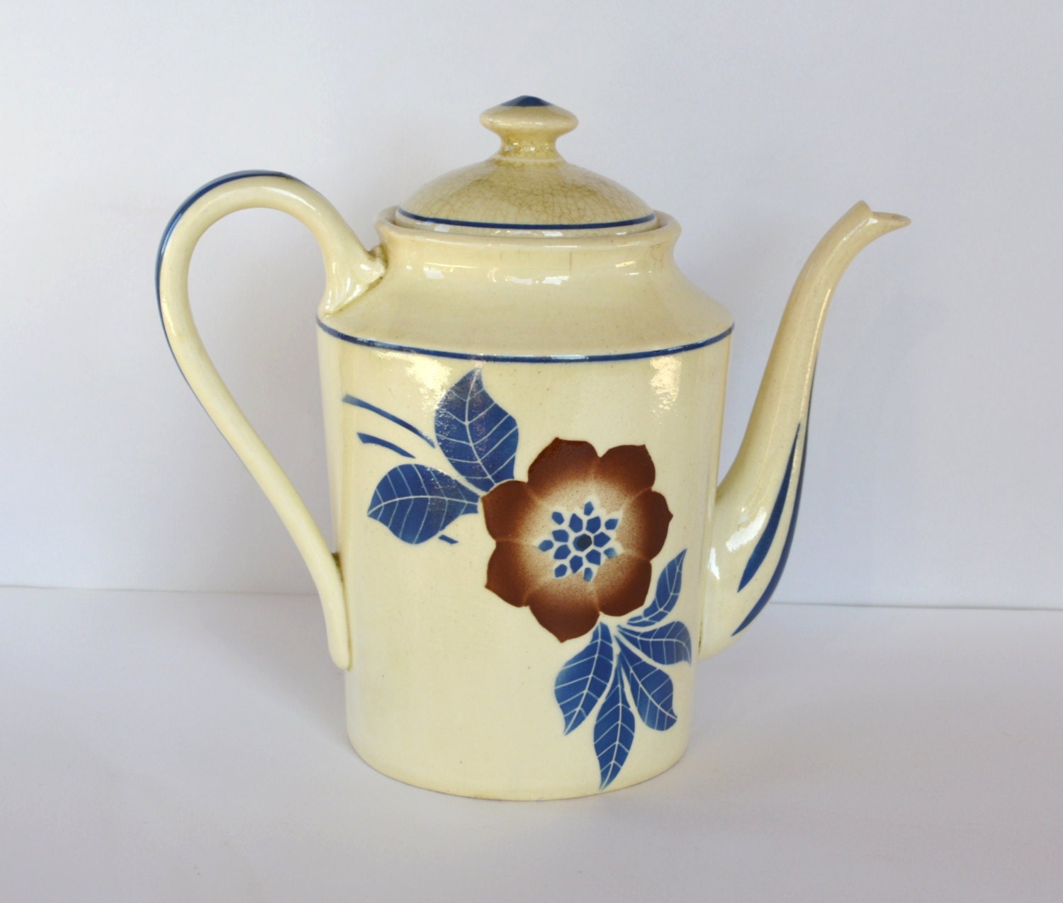 Pot à Café Art Déco Français Vintage - Café-Café Bleu et Crème Shabby Chic Country Style