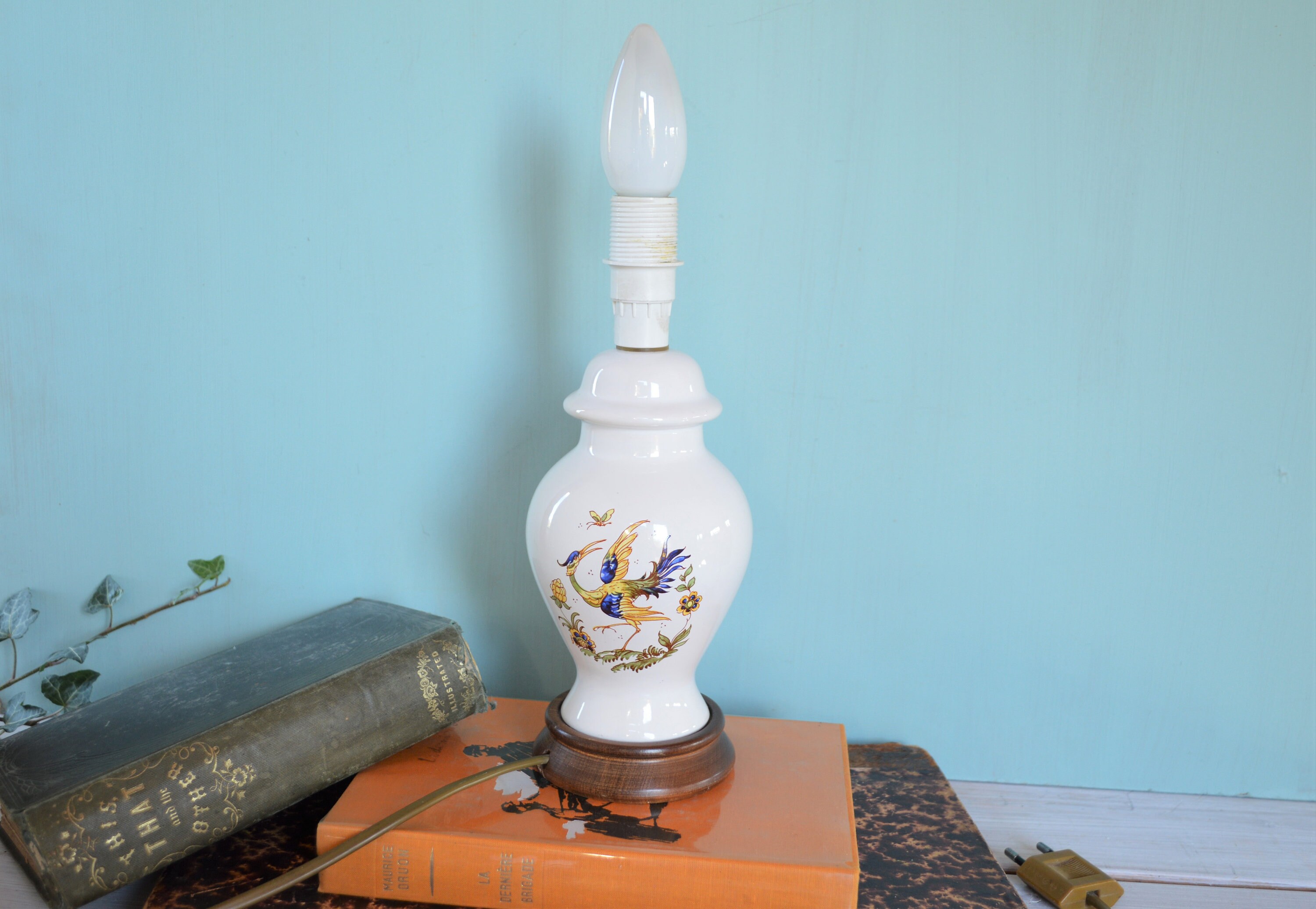 Français Lampe de Table Vintage - Petite Lumière Céramique Lampe Bureau Provençale Jaune et Blanc St