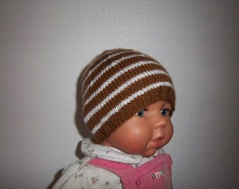 Bonnet en laine naissance (marron/blanc)