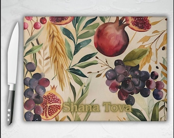Tempered Glass Challa Board Seven Species of Israel Design, Jewish Gift, Rosh Hashanah Sukkot