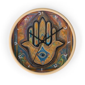 Hamsa Wall Clock,  Judaica Clock, Hebrew Alphabet Clock Face, Israeli Motifs Clock, Jewish Decor Gift ,New Home Office Housewarm