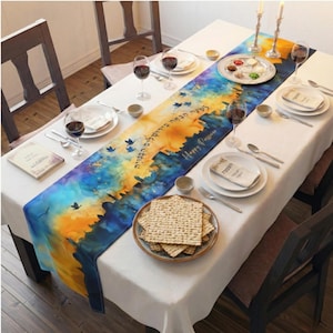 Jerusalem Skyline Passover Runner, Hebrew Verse, Seder Table Decor