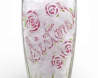 Vaso de vidrio floral pintado a mano, nombre personalizado, regalo para dama de honor