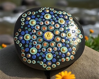 Mandala de roca pintado a mano: arte de puntos inspirador con detalles dorados