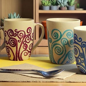 May include: Four beige ceramic mugs with unique, swirling designs in purple, red, teal, and blue. A silver spoon rests on a yellow and tan surface, with shelves of plants in the background. The mugs have handles.