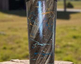 Vaso con tapa, pintado a mano, marrón con detalles en verde azulado: taza térmica de 22 oz